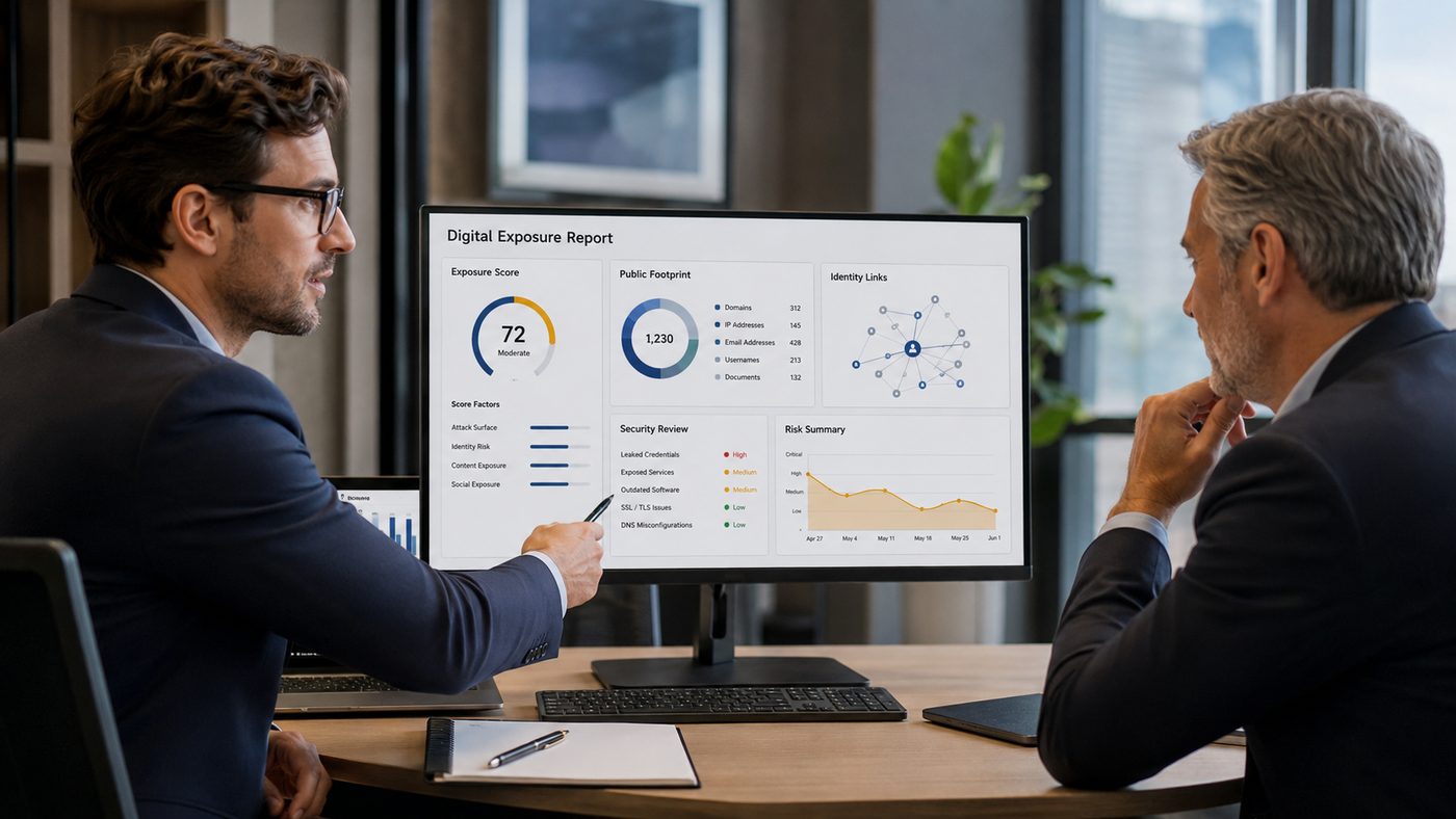 Ukážka Digital Exposure Report - prehľad úrovní expozície identity, e-mailu, telefónu a sociálnych sietí