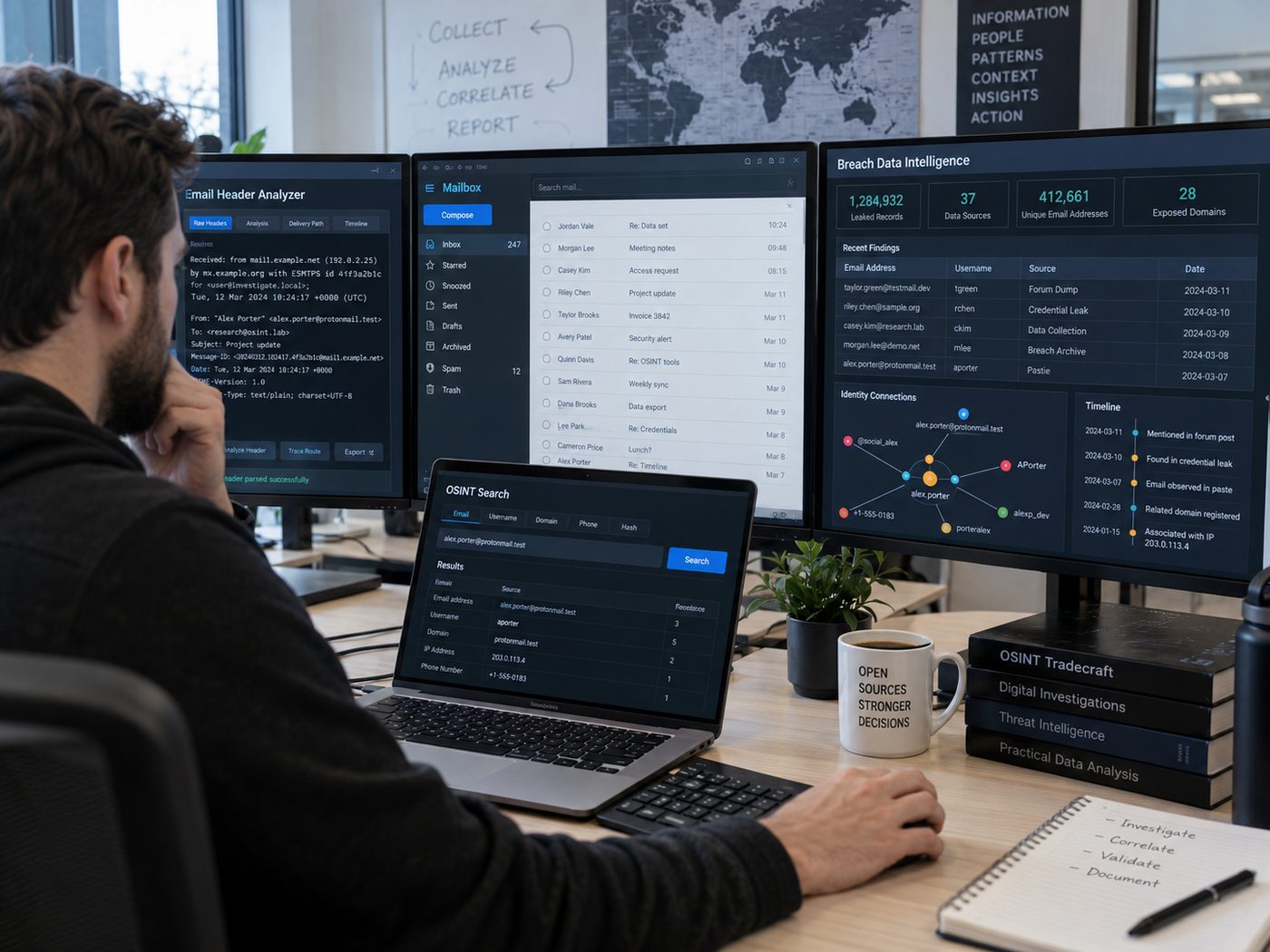 OSINT nástroje na obrazovkách - analýza e-mailových hlavičiek, breach data intelligence a vyhľadávanie podľa e-mailu, mena, domény či telefónu