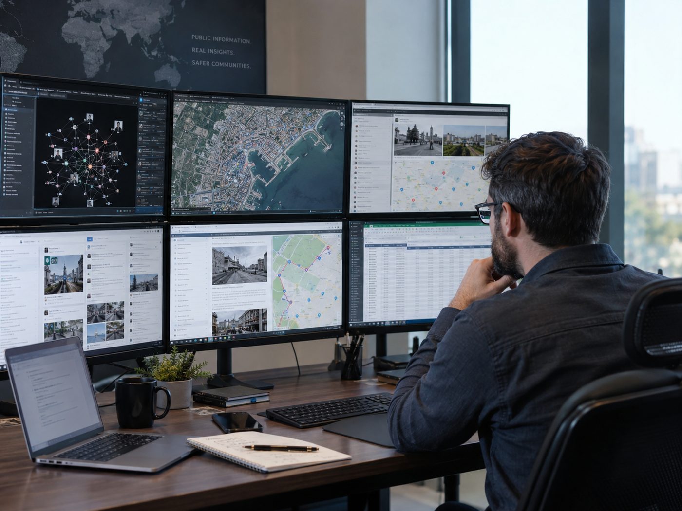 OSINT analytik pri viacmonitorovom pracovisku - graf väzieb medzi osobami, satelitná mapa, street view a verejné zdroje